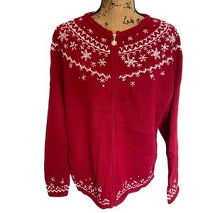 Croft Barrow Christmas Sweater Cardigan Holiday Red white snowflakes Size L EUC